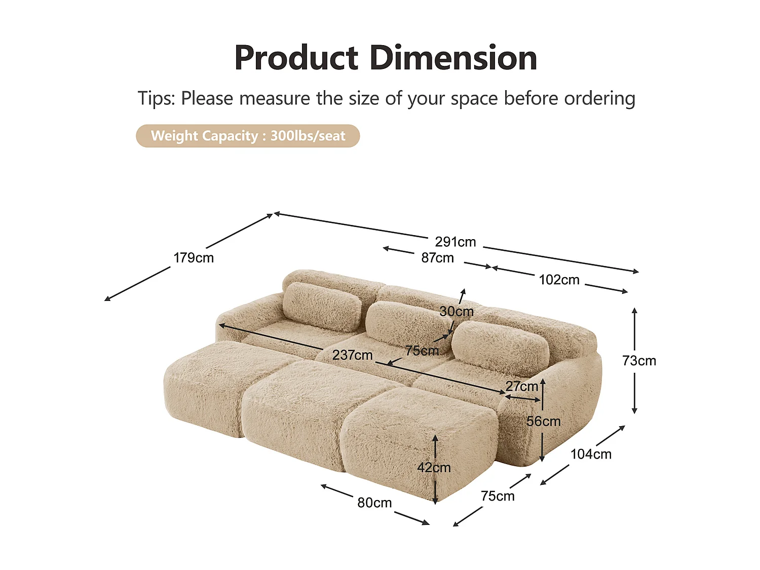 Sofá de Esquina Modular en tela peluche, con 3 poufs y 3 cojines, 291x179x73cm, Caqui