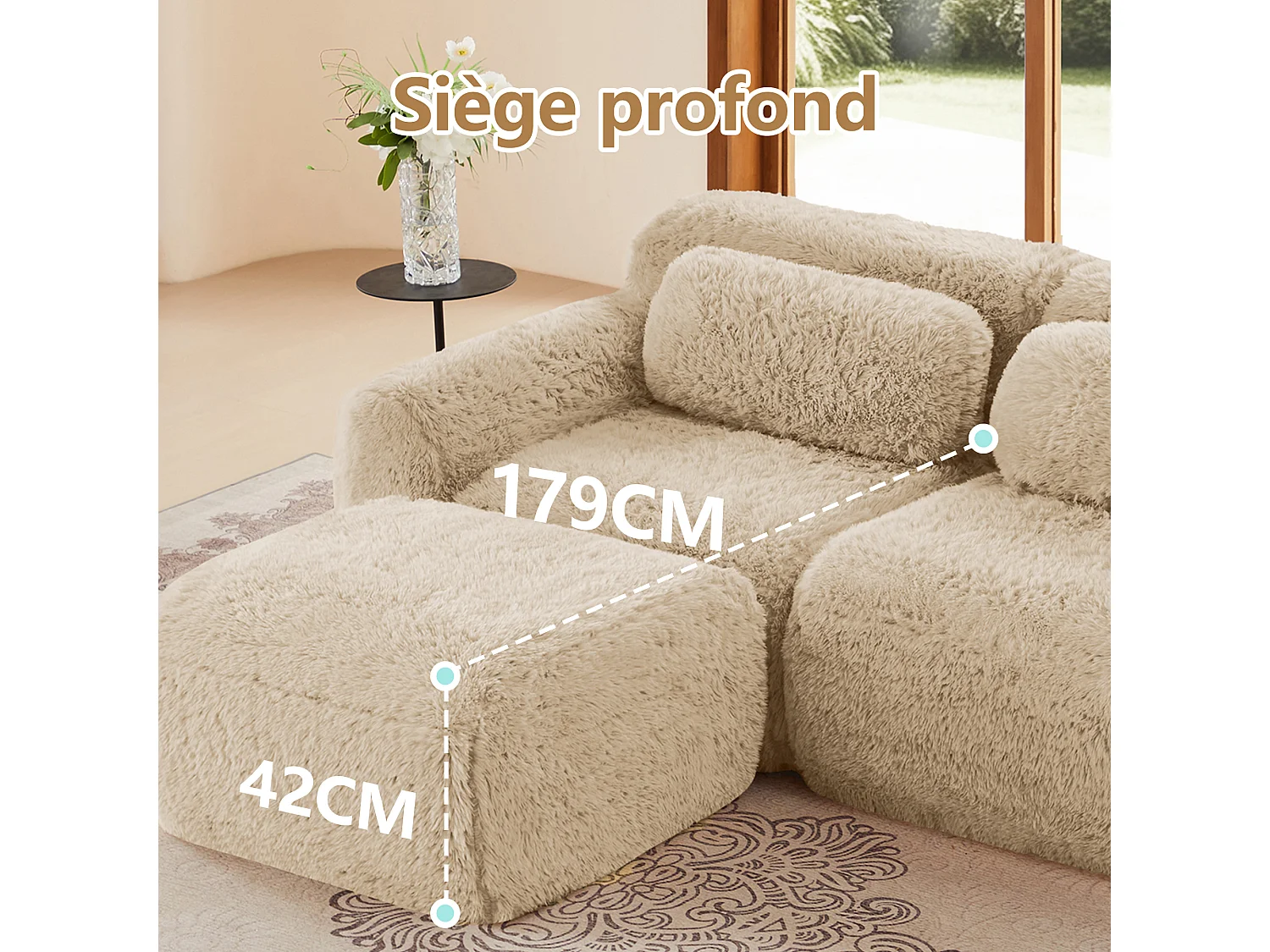 Sofá de Esquina Modular en tela peluche, con 3 poufs y 3 cojines, 291x179x73cm, Caqui