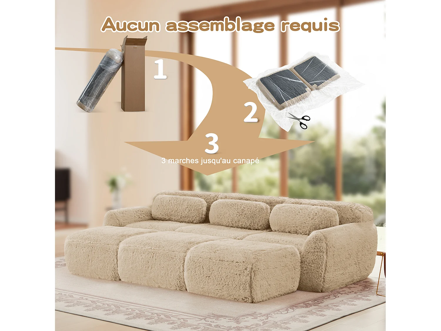 Sofá de Esquina Modular en tela peluche, con 3 poufs y 3 cojines, 291x179x73cm, Caqui
