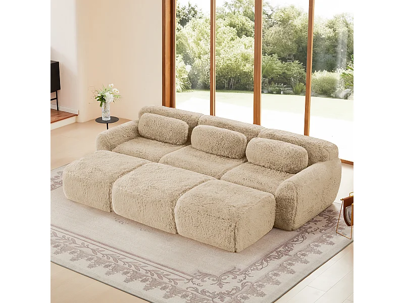 Canapé d'angle Modulable en tissu peluche, avec 3 pouf et 3 coussins, 291x179x73cm, Kaki
