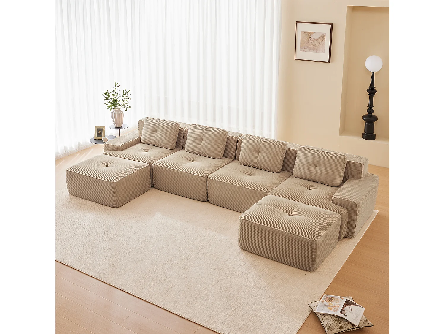 Canapé 4 places d'angle Modulable en Velours côtelé, avec 2 pouf et 4 coussins, 382x177x69cm, Beige