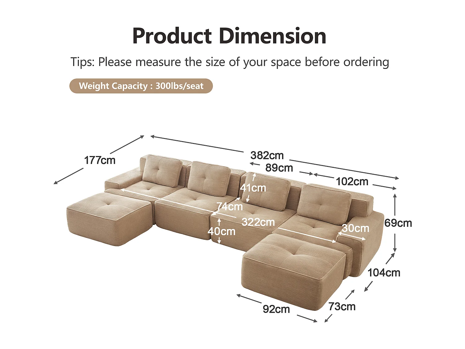 Canapé 4 places d'angle Modulable en Velours côtelé, avec 2 pouf et 4 coussins, 382x177x69cm, Beige