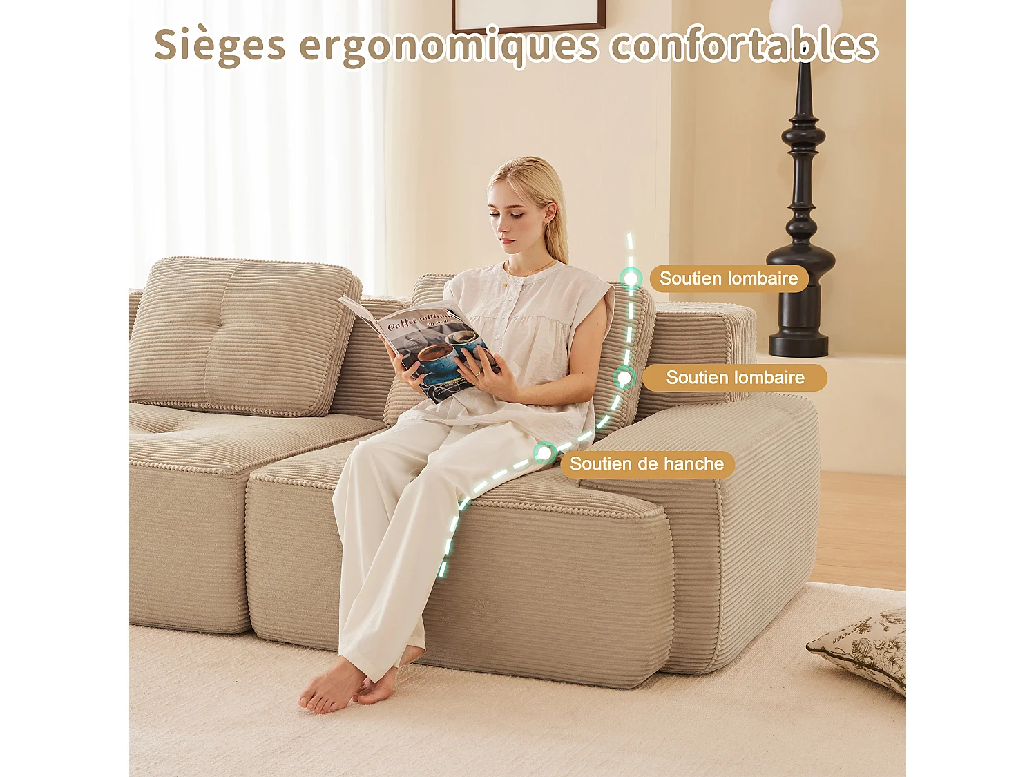 Canapé 4 places d'angle Modulable en Velours côtelé, avec 2 pouf et 4 coussins, 382x177x69cm, Beige