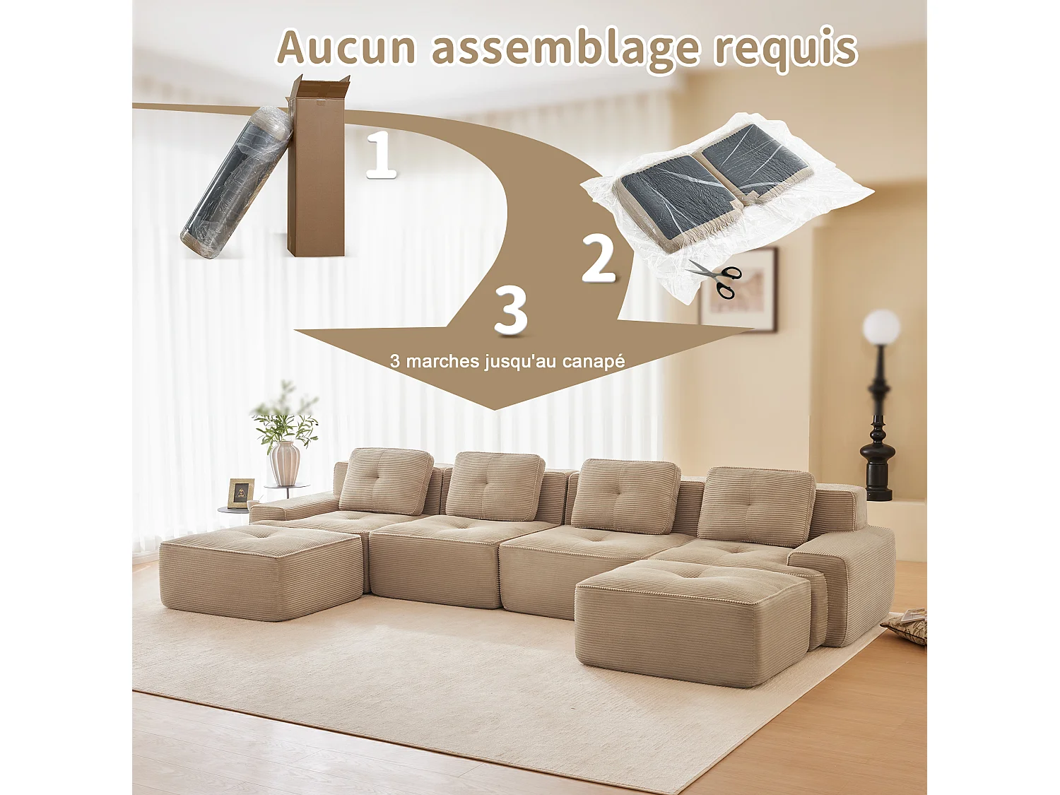 Canapé 4 places d'angle Modulable en Velours côtelé, avec 2 pouf et 4 coussins, 382x177x69cm, Beige