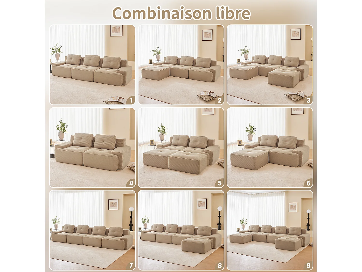 Canapé 4 places d'angle Modulable en Velours côtelé, avec 2 pouf et 4 coussins, 382x177x69cm, Beige