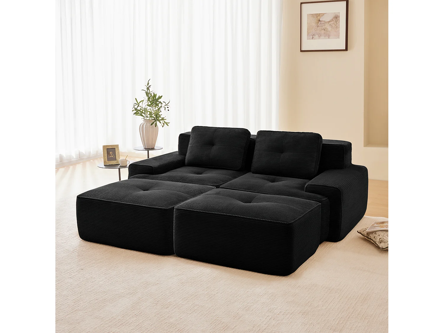 Modulaire Hoekbank in Ribfluweel, met 2 poefs en 2 kussens, 204x177x69cm, Zwart