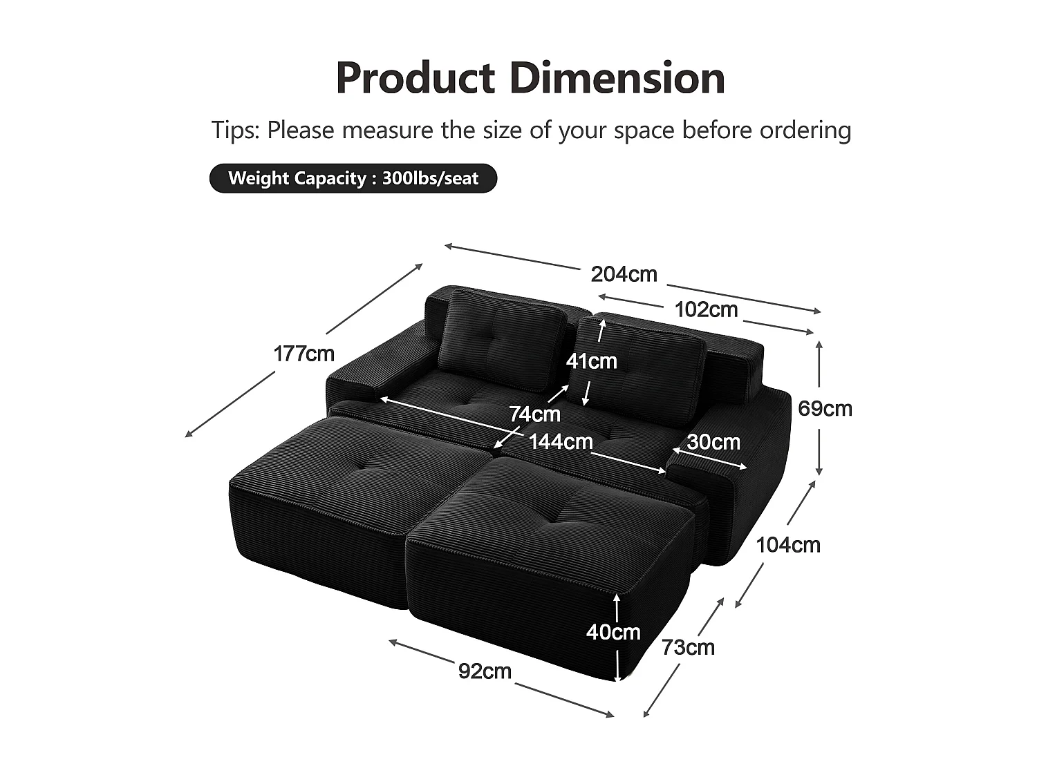 Modulaire Hoekbank in Ribfluweel, met 2 poefs en 2 kussens, 204x177x69cm, Zwart