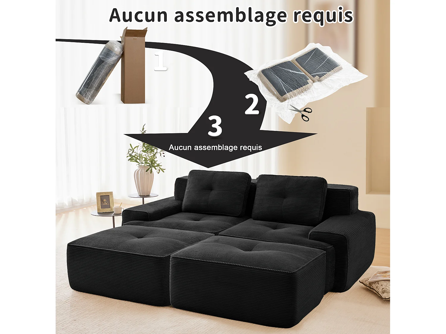 Modulaire Hoekbank in Ribfluweel, met 2 poefs en 2 kussens, 204x177x69cm, Zwart