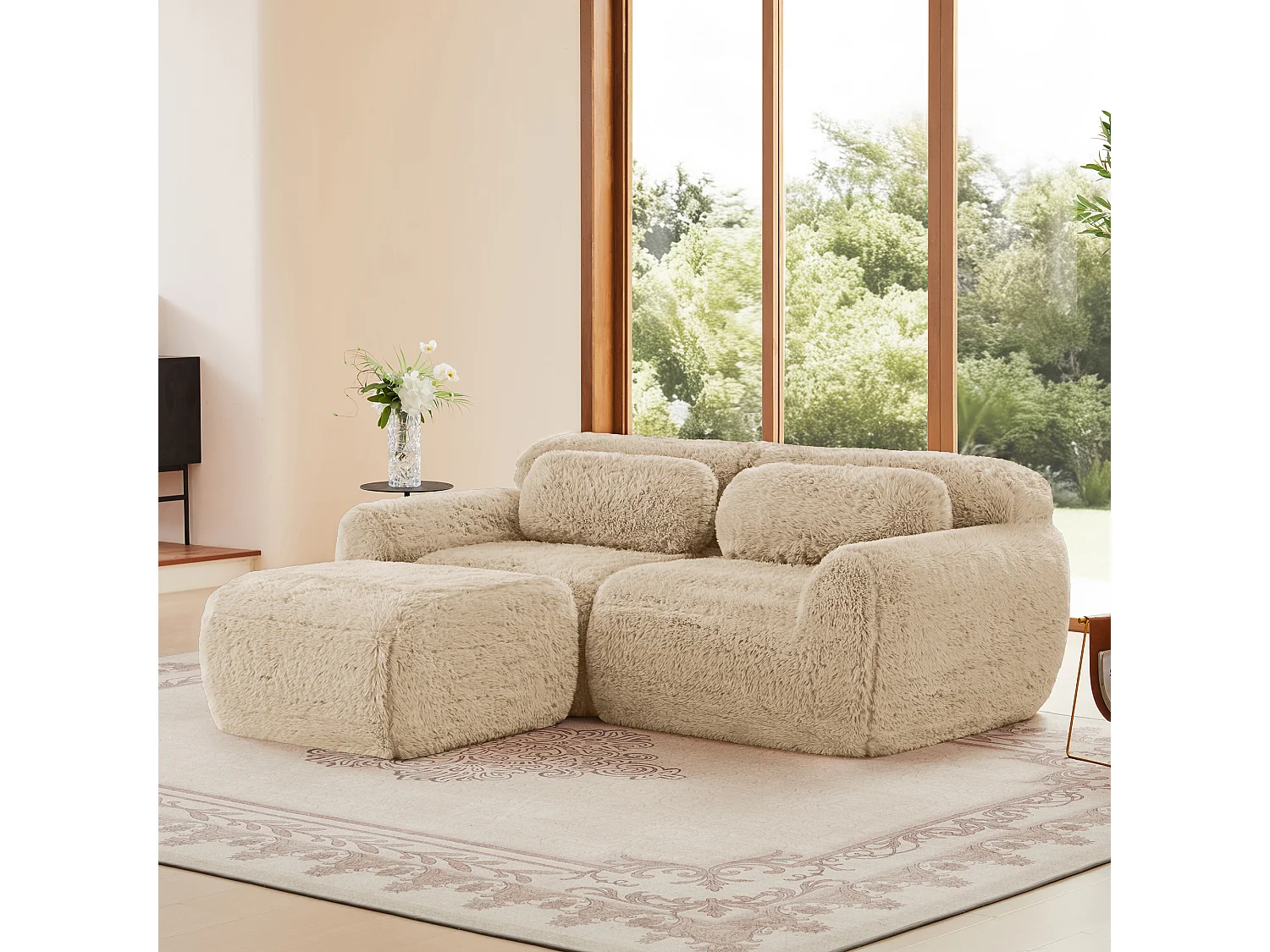 Modulaire Hoekbank 2-zits in pluche stof, met poef en 2 kussens, 204x179x73cm, Khaki