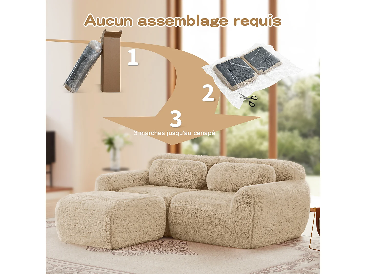 Modulaire Hoekbank 2-zits in pluche stof, met poef en 2 kussens, 204x179x73cm, Khaki