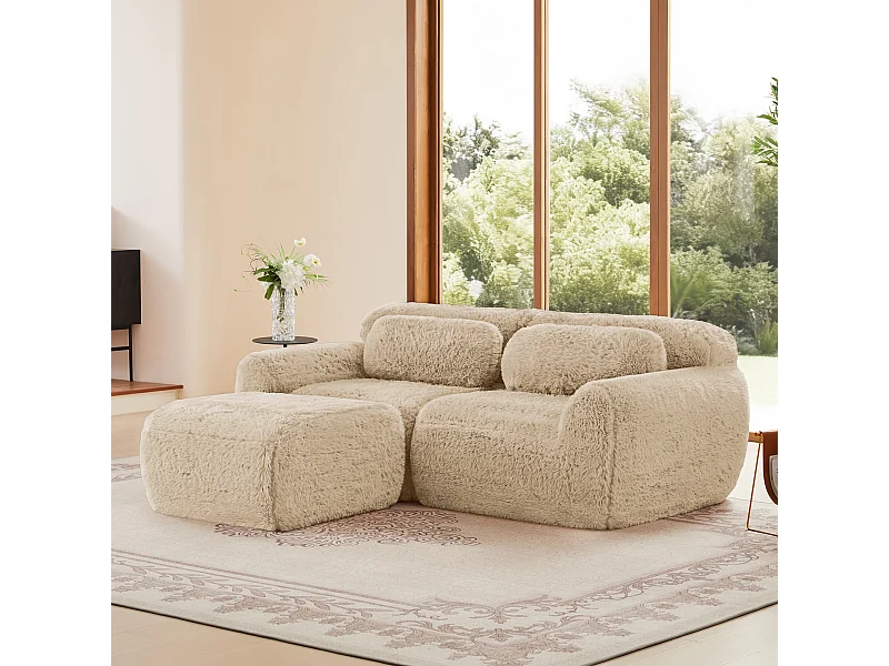 Modulaire Hoekbank 2-zits in pluche stof, met poef en 2 kussens, 204x179x73cm, Khaki