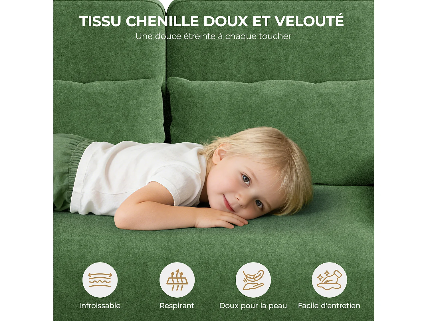 Canapé 3 places en tissu chenille vert - avec 3 oreillers - housse de coussin amovible lavable - 220x81x88cm