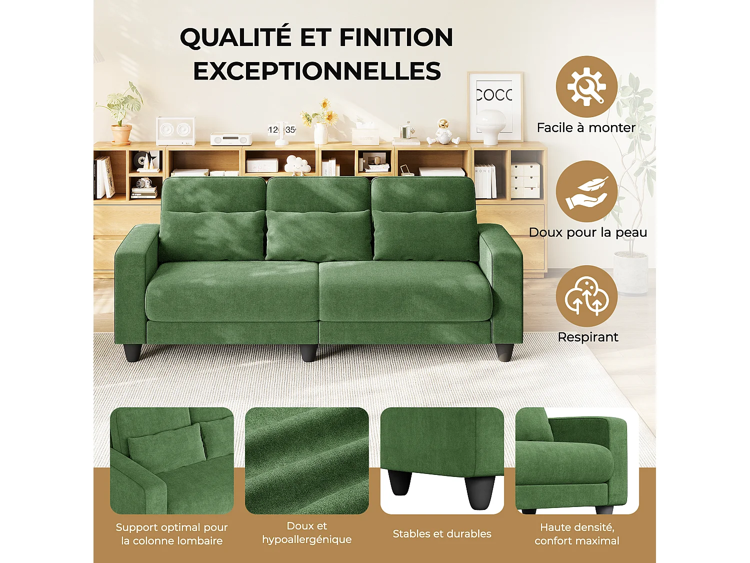 Canapé 3 places en tissu chenille vert - avec 3 oreillers - housse de coussin amovible lavable - 220x81x88cm