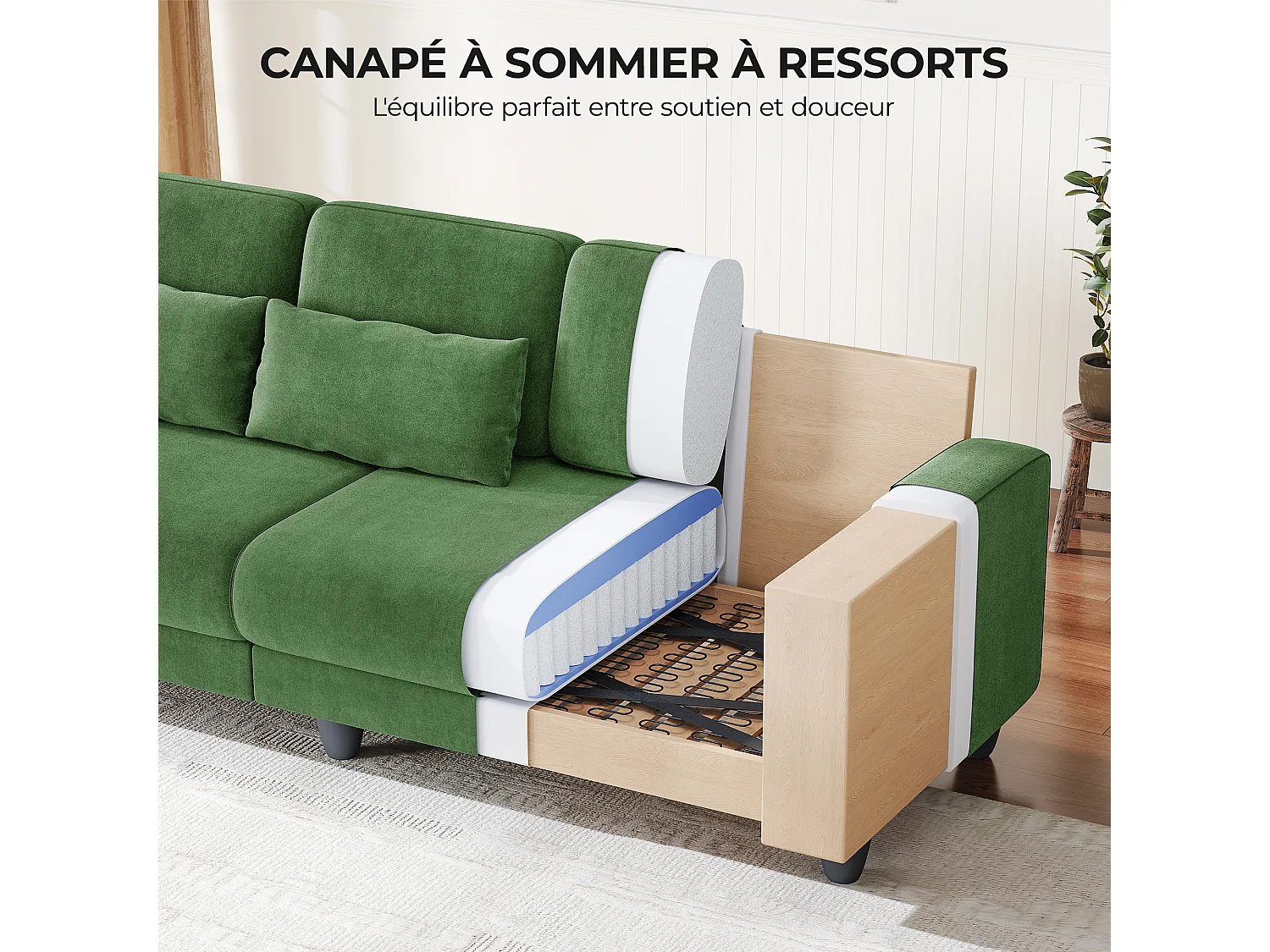 Canapé 3 places en tissu chenille vert - avec 3 oreillers - housse de coussin amovible lavable - 220x81x88cm