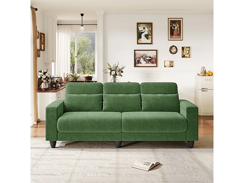 Bank 3-zits in chenille stof groen - met 3 kussens - afneembaar wasbare hoes - 220x81x88cm