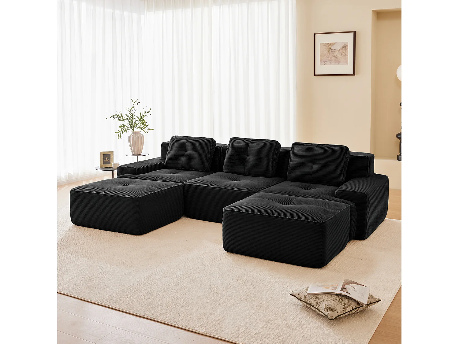 Divano Angolare Modulare a Forma di U in Velluto costola, con 2 pouf e 3 cuscini, 293x177x69cm, Nero