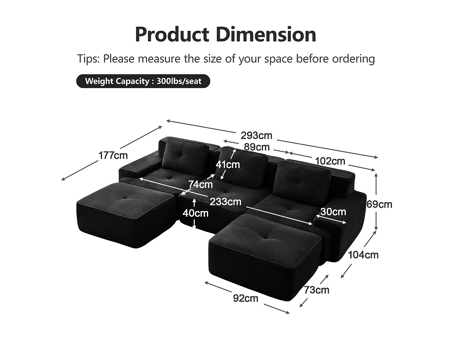 Divano Angolare Modulare a Forma di U in Velluto costola, con 2 pouf e 3 cuscini, 293x177x69cm, Nero