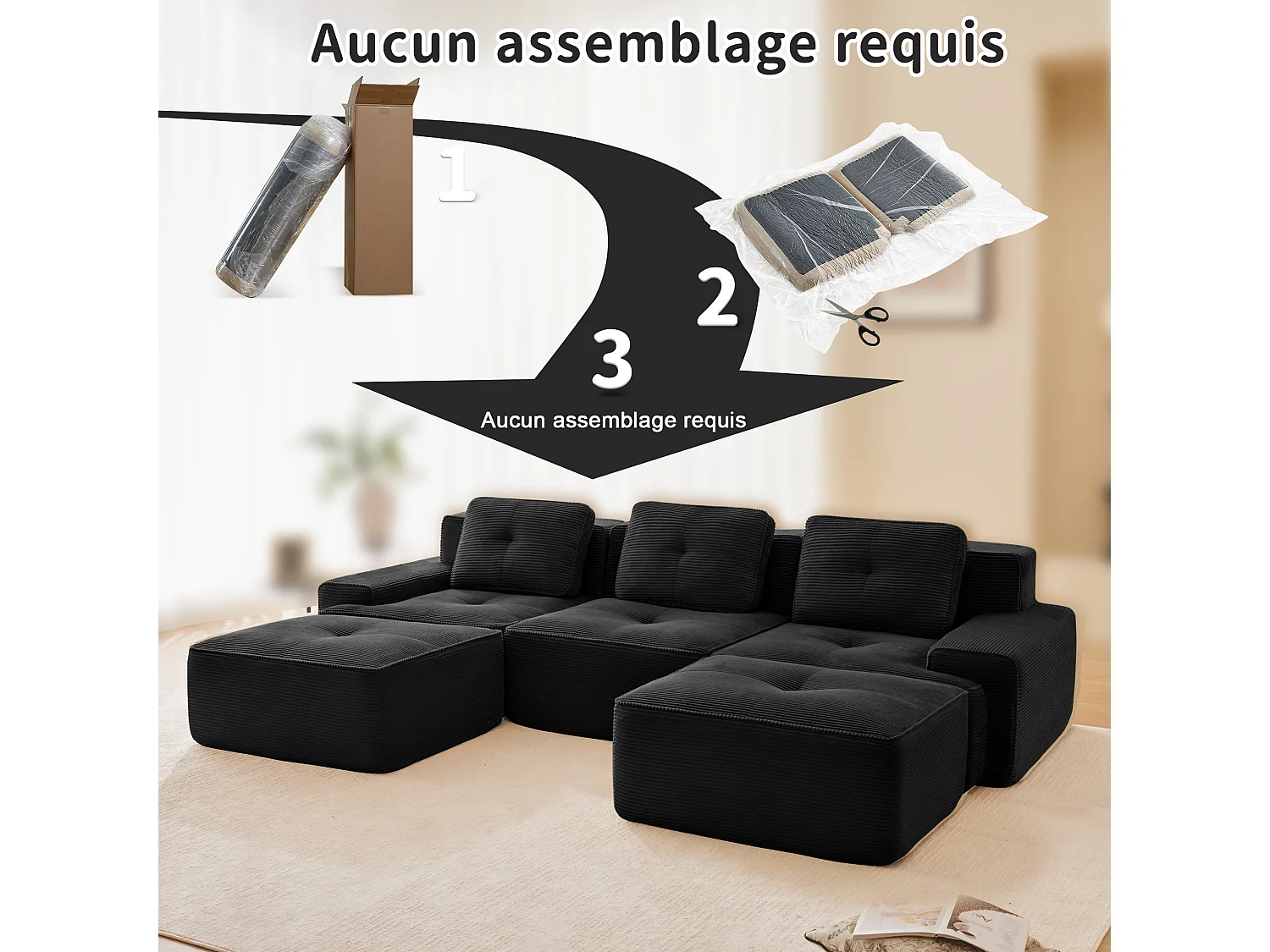 Divano Angolare Modulare a Forma di U in Velluto costola, con 2 pouf e 3 cuscini, 293x177x69cm, Nero