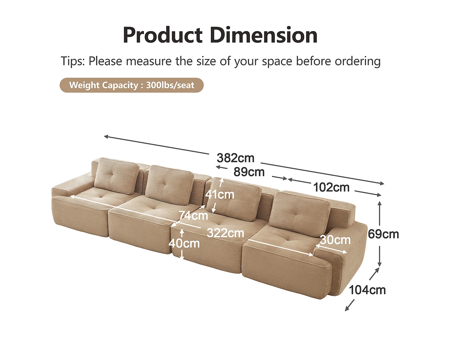 Modulaire Bank 4-zits in Ribfluweel, met 4 kussens, 382x104x69cm, Beige