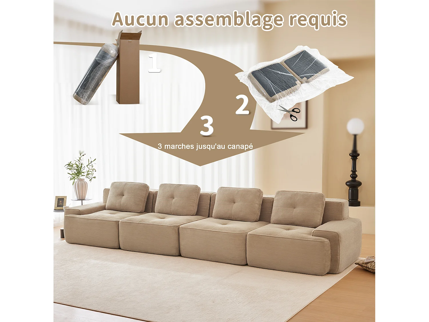 Modulaire Bank 4-zits in Ribfluweel, met 4 kussens, 382x104x69cm, Beige