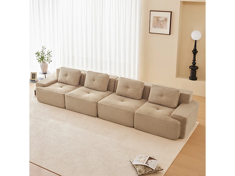 Modulares Sofa 4-sitzig in Rippvelours, mit 4 Kissen, 382x104x69cm, Beige