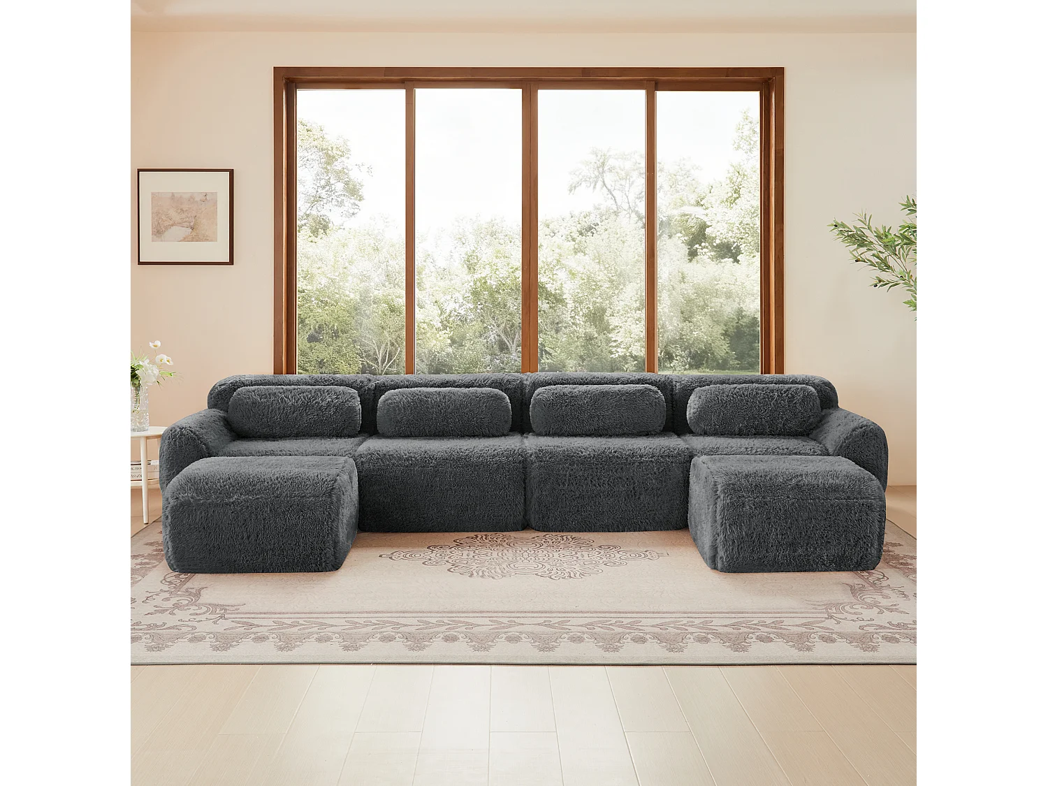 Canapé d'angle Modulable en Forme de U, en tissu peluche, avec 2 pouf et 4 coussins, 378x179x73cm, Gris