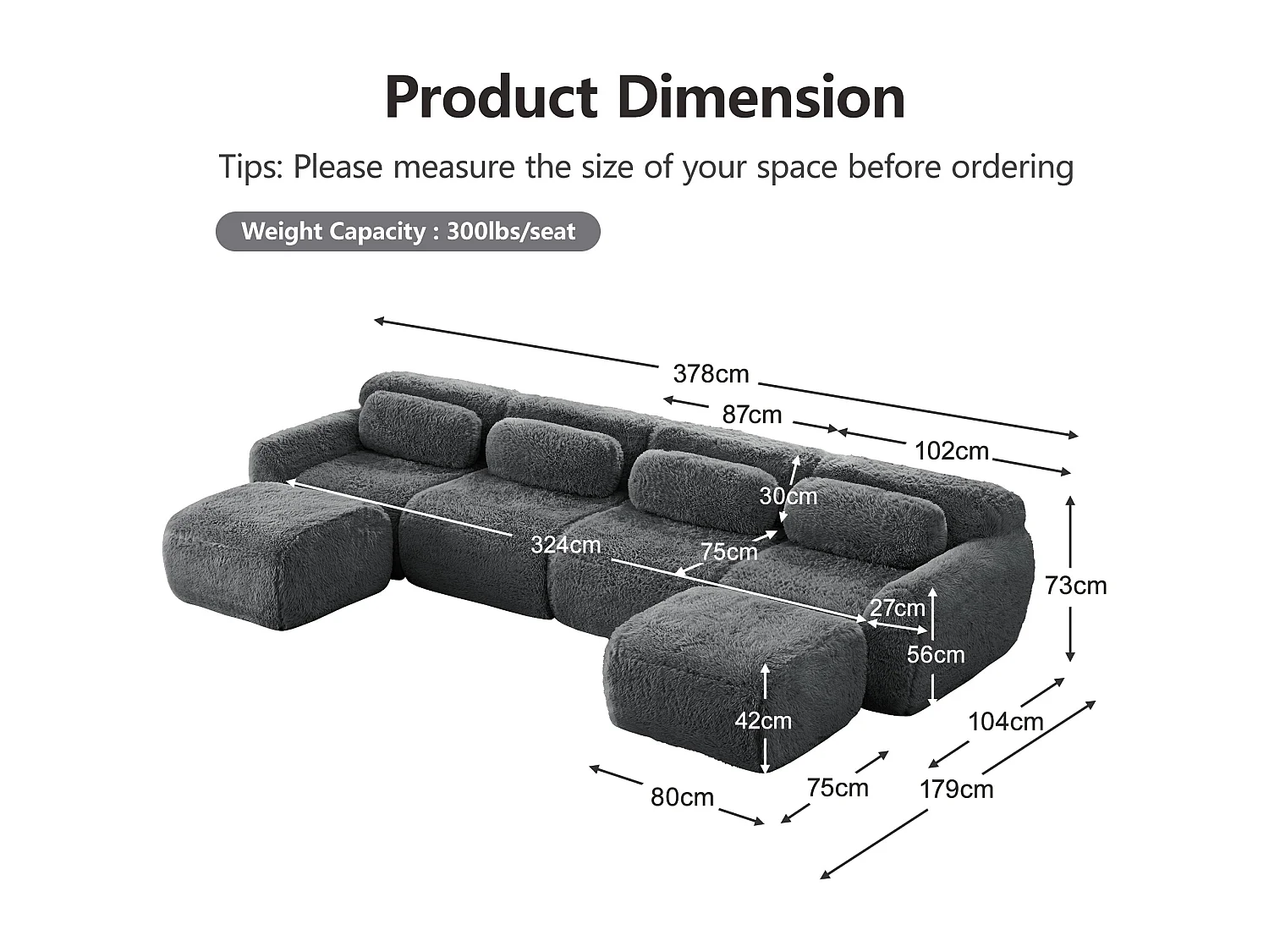 Canapé d'angle Modulable en Forme de U, en tissu peluche, avec 2 pouf et 4 coussins, 378x179x73cm, Gris