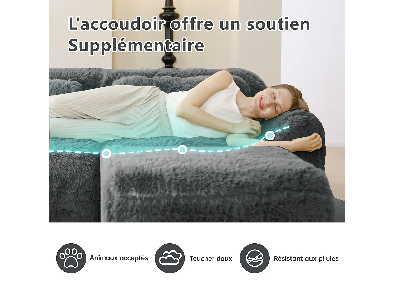 Canapé d'angle Modulable en Forme de U, en tissu peluche, avec 2 pouf et 4 coussins, 378x179x73cm, Gris