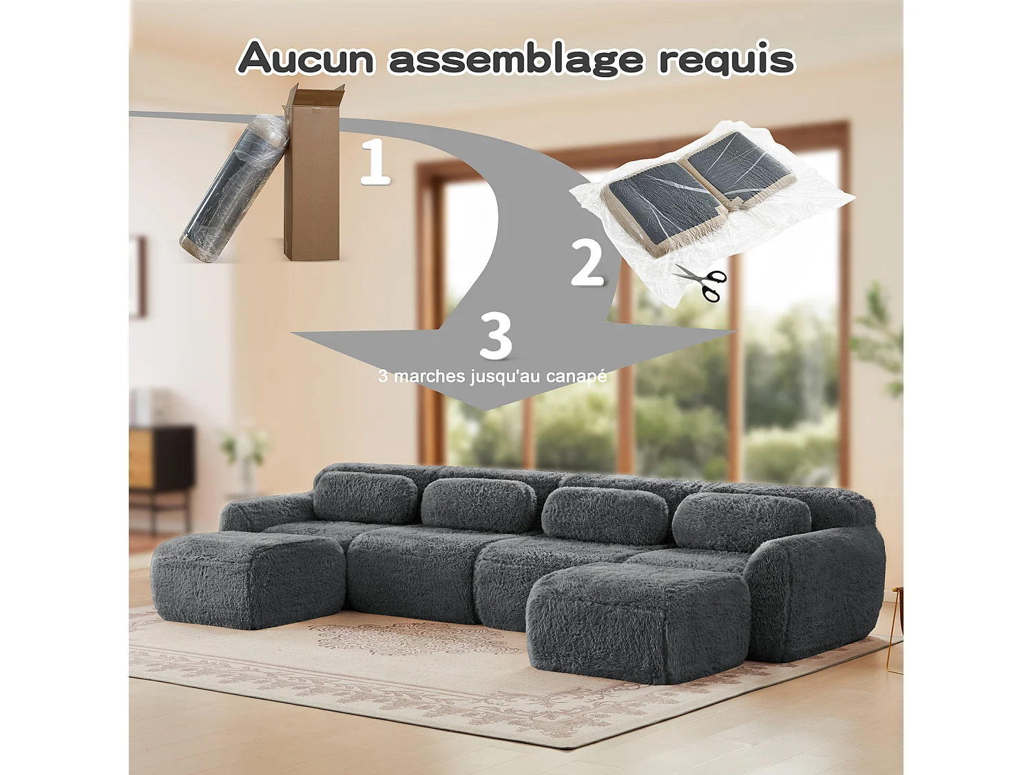 Canapé d'angle Modulable en Forme de U, en tissu peluche, avec 2 pouf et 4 coussins, 378x179x73cm, Gris