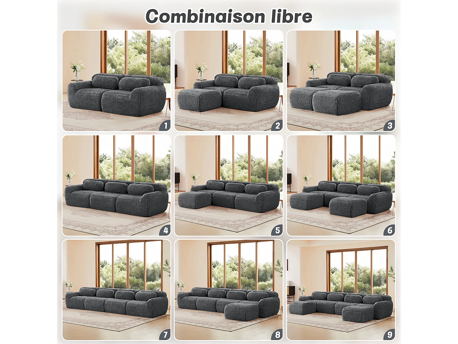 Canapé d'angle Modulable en Forme de U, en tissu peluche, avec 2 pouf et 4 coussins, 378x179x73cm, Gris