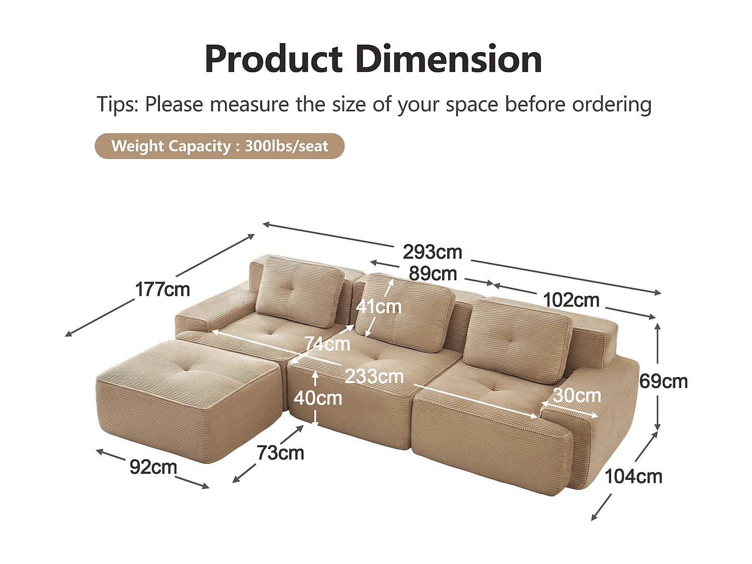 Divano 3 posti Angolare Modulare in Velluto costola, con pouf e 3 cuscini, 293x177x69cm, Beige