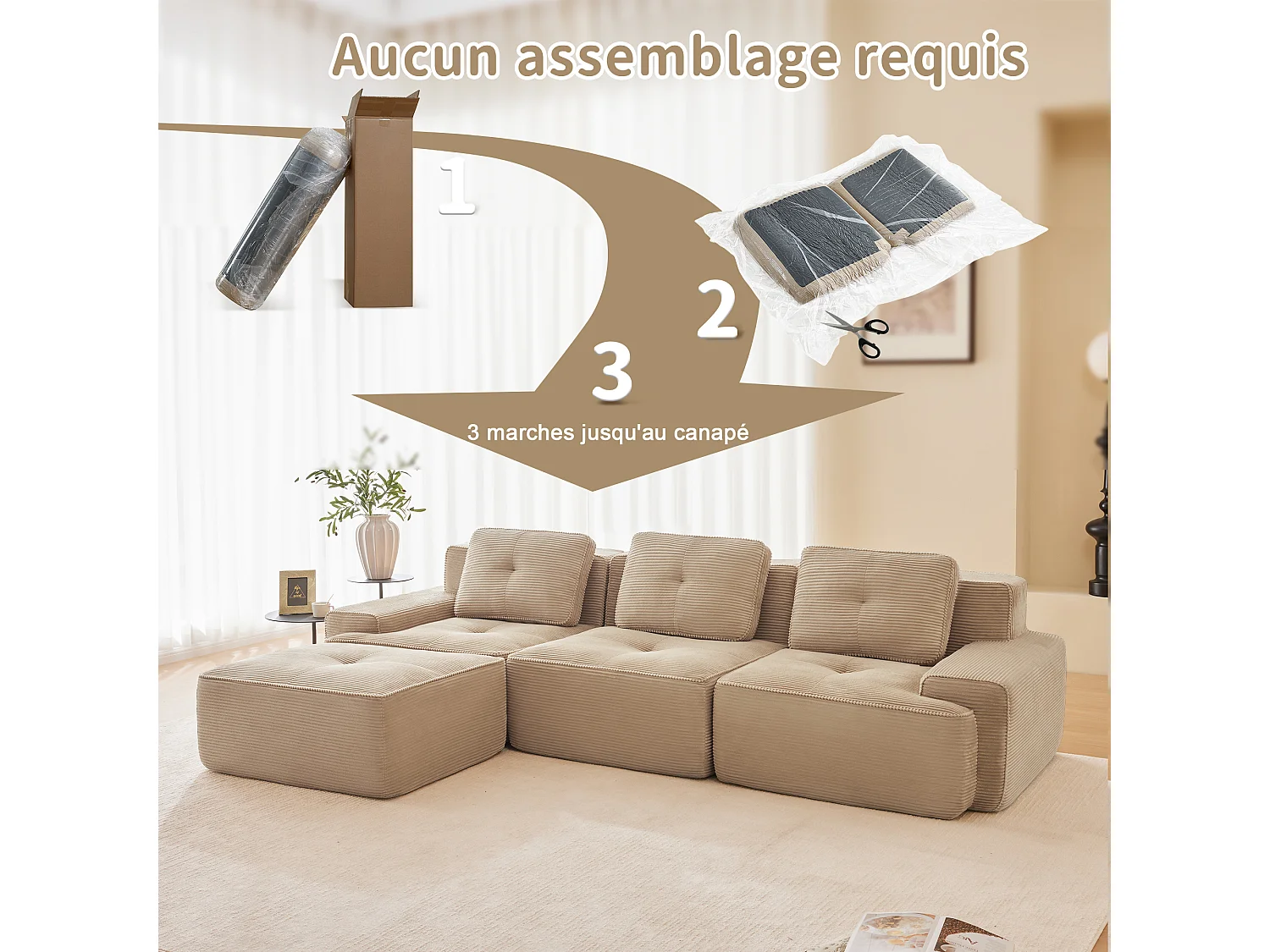 Divano 3 posti Angolare Modulare in Velluto costola, con pouf e 3 cuscini, 293x177x69cm, Beige