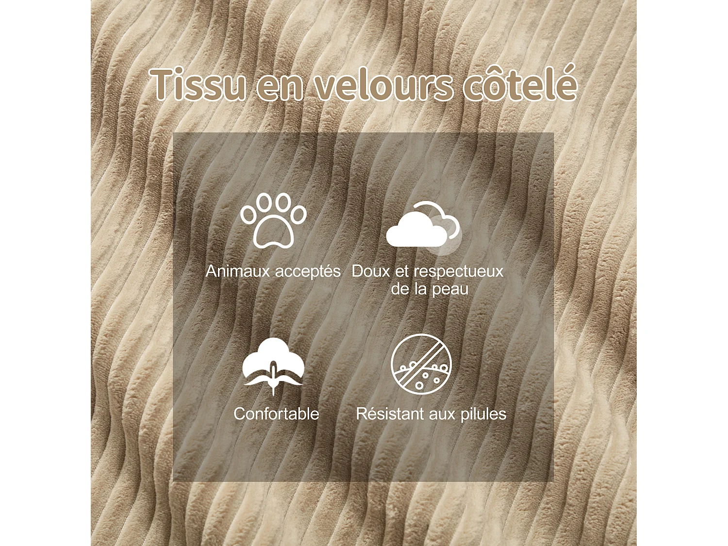 Divano 3 posti Angolare Modulare in Velluto costola, con pouf e 3 cuscini, 293x177x69cm, Beige