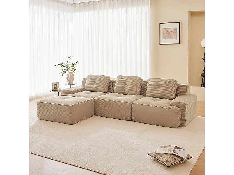 Modulaire 3-zits Hoekbank in Ribfluweel, met poef en 3 kussens, 293x177x69cm, Beige