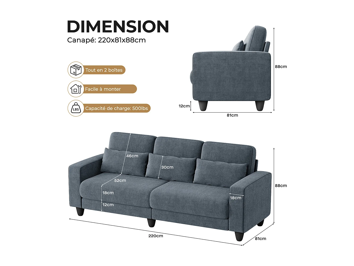 Canapé 3 places en tissu chenille gris - avec 3 oreillers - housse de coussin amovible lavable - 220x81x88cm