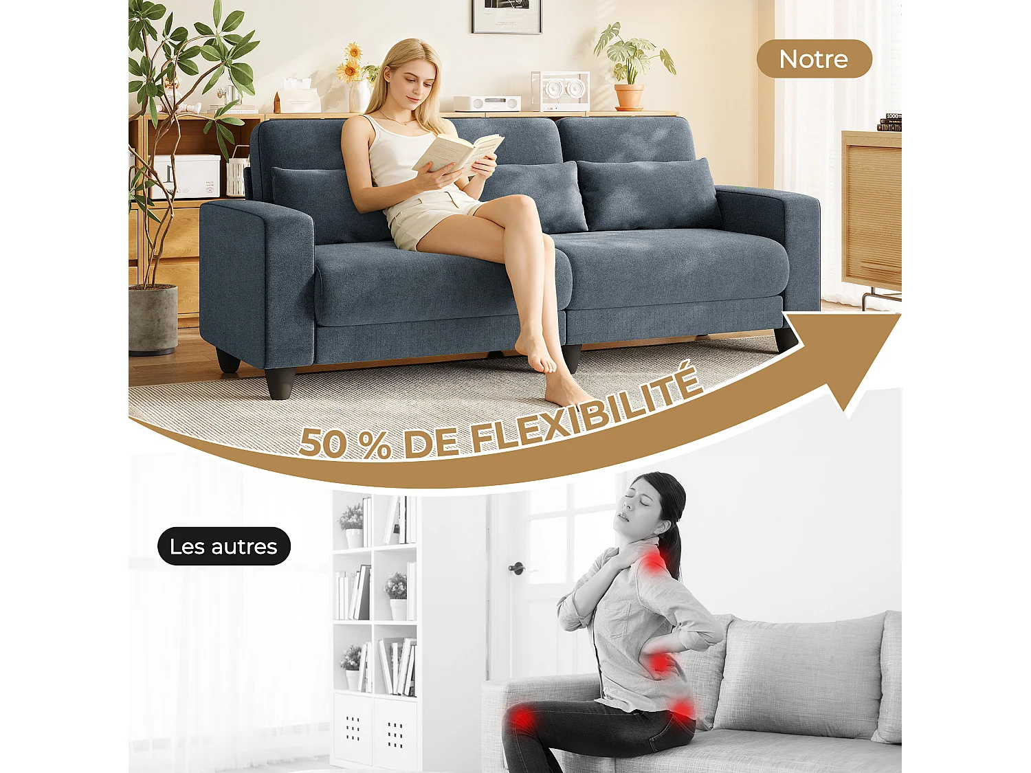 Canapé 3 places en tissu chenille gris - avec 3 oreillers - housse de coussin amovible lavable - 220x81x88cm