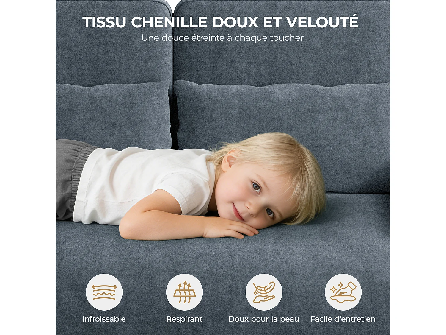 Canapé 3 places en tissu chenille gris - avec 3 oreillers - housse de coussin amovible lavable - 220x81x88cm