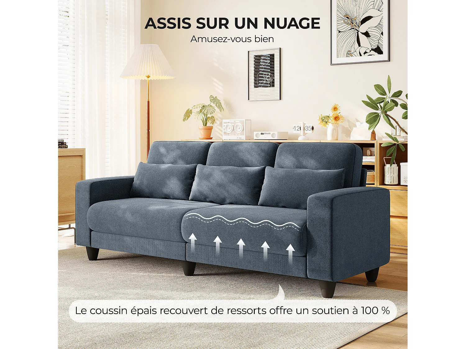 Canapé 3 places en tissu chenille gris - avec 3 oreillers - housse de coussin amovible lavable - 220x81x88cm