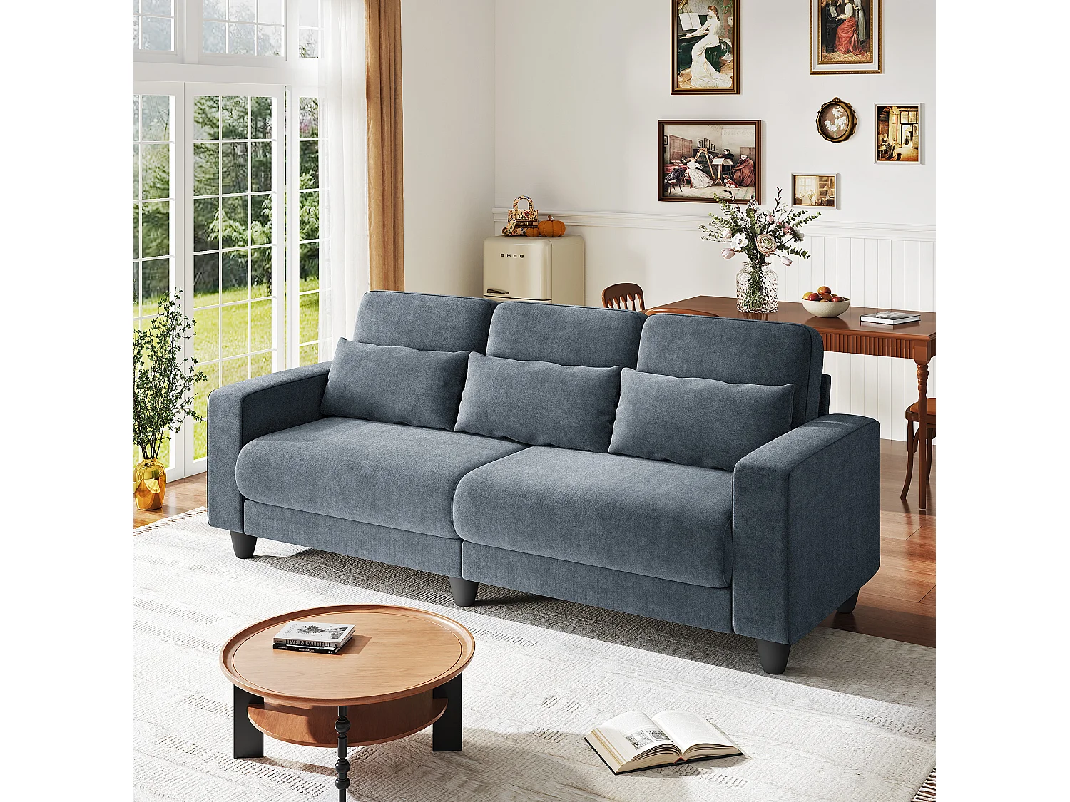 Canapé 3 places en tissu chenille gris - avec 3 oreillers - housse de coussin amovible lavable - 220x81x88cm