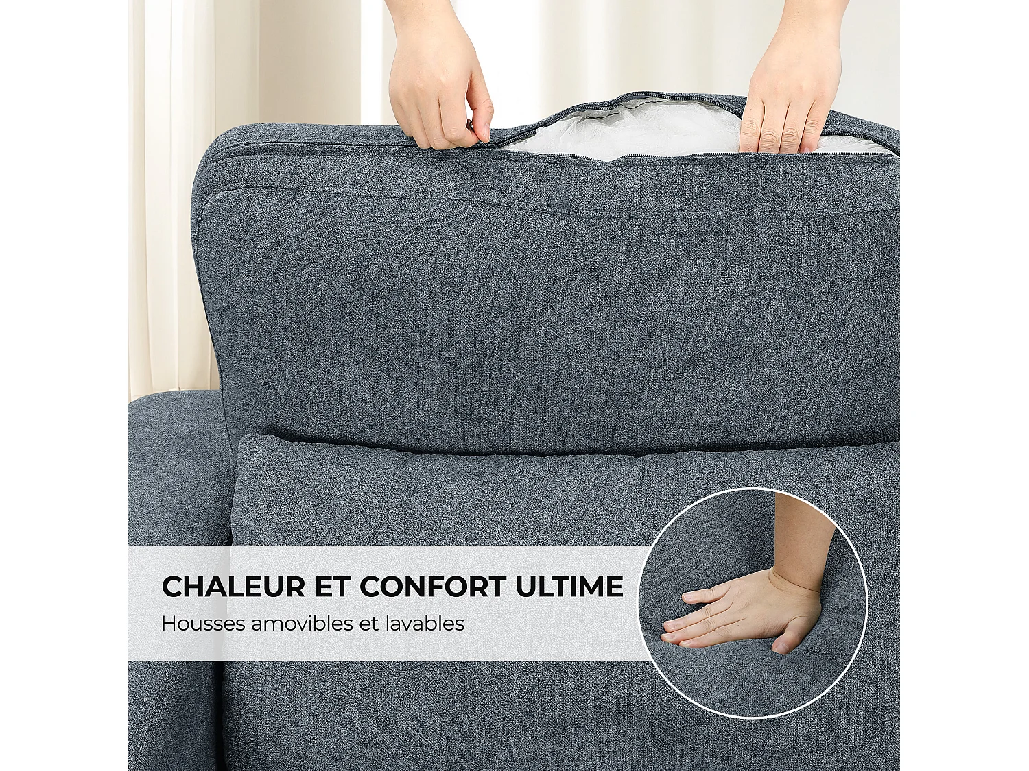 Canapé 3 places en tissu chenille gris - avec 3 oreillers - housse de coussin amovible lavable - 220x81x88cm