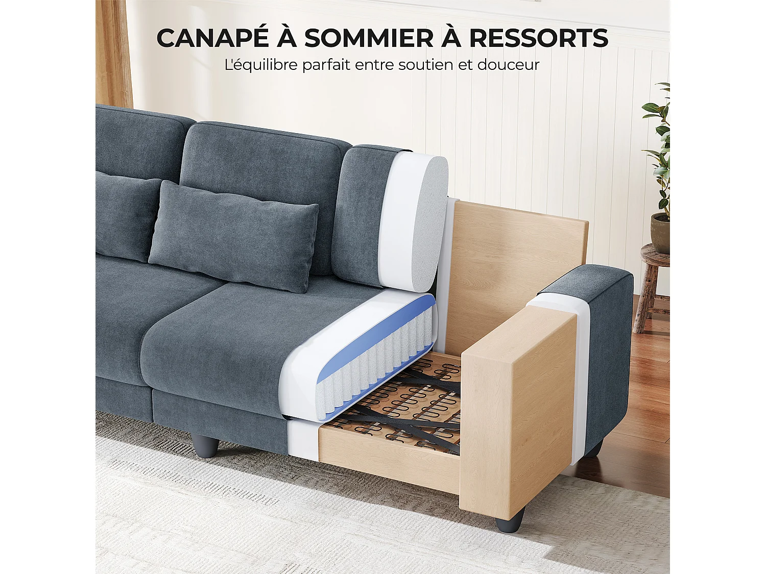 Canapé 3 places en tissu chenille gris - avec 3 oreillers - housse de coussin amovible lavable - 220x81x88cm