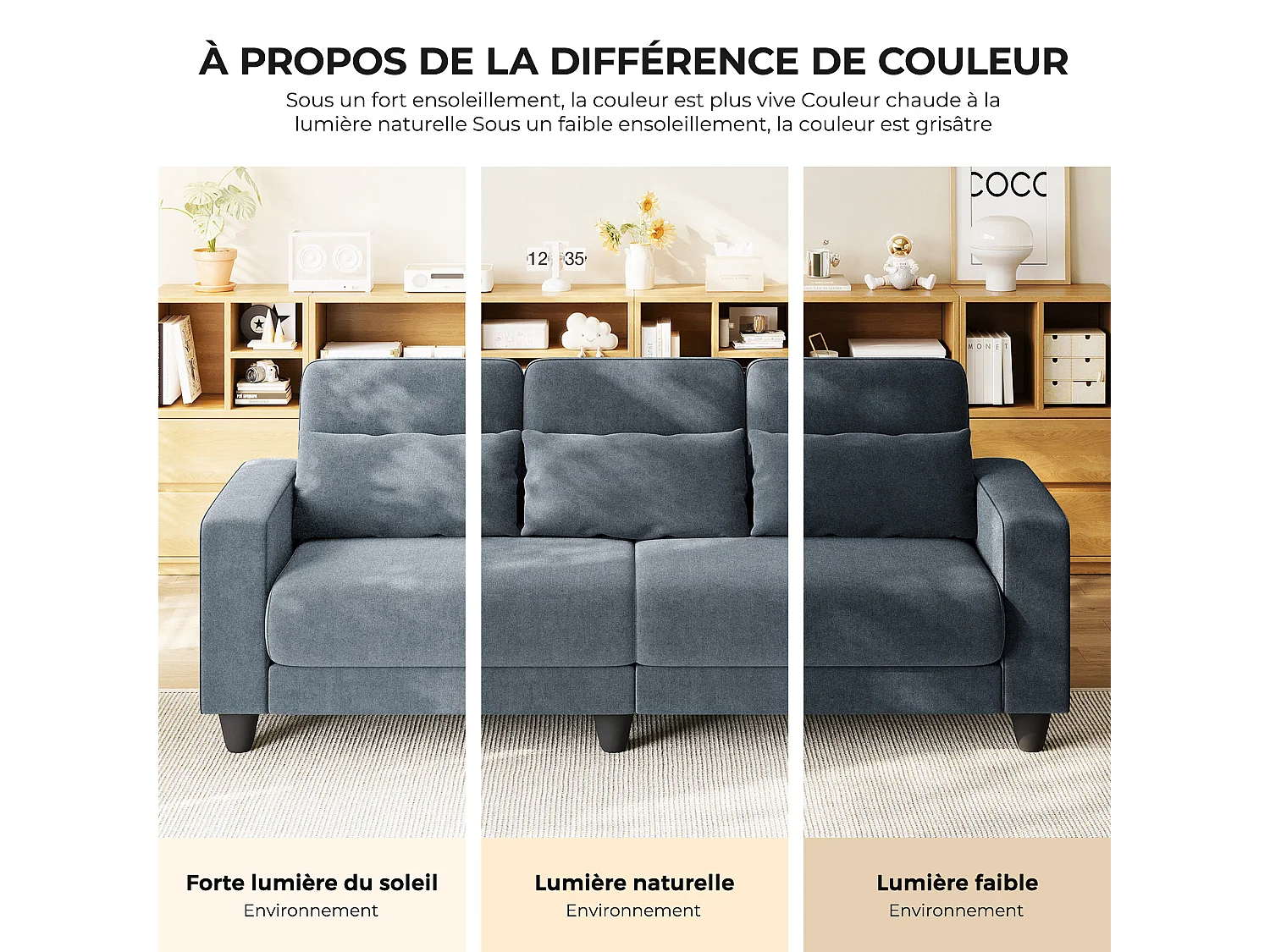 Canapé 3 places en tissu chenille gris - avec 3 oreillers - housse de coussin amovible lavable - 220x81x88cm