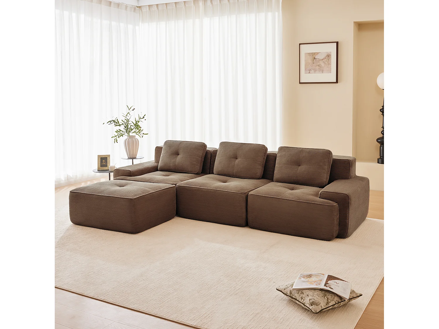 Divano 3 posti Angolare Modulare in Velluto costola, con pouf e 3 cuscini, 293x177x69cm, Marrone