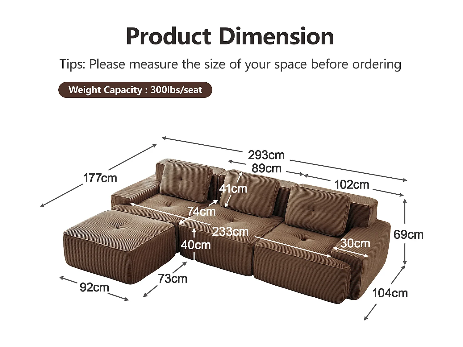 Divano 3 posti Angolare Modulare in Velluto costola, con pouf e 3 cuscini, 293x177x69cm, Marrone