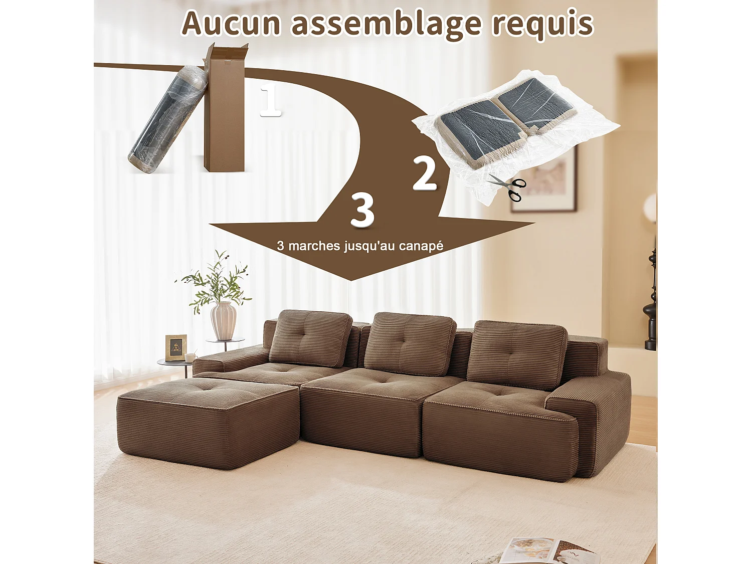 Divano 3 posti Angolare Modulare in Velluto costola, con pouf e 3 cuscini, 293x177x69cm, Marrone