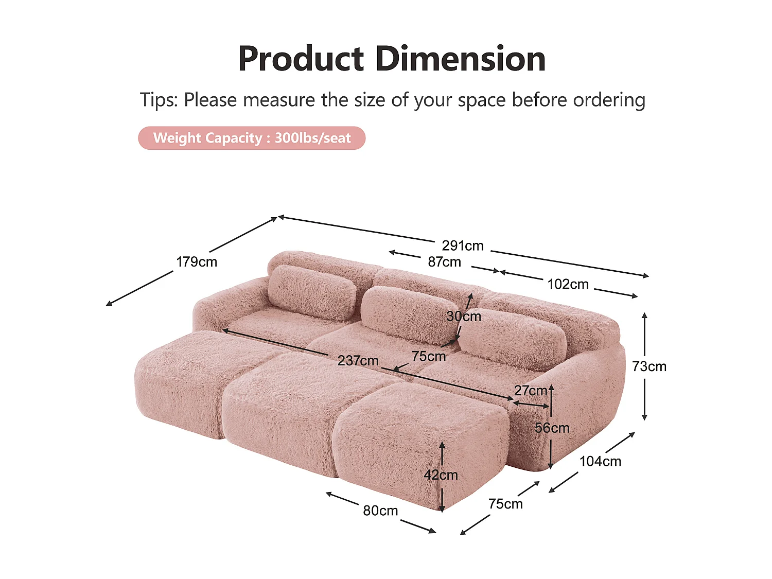 Modulaire Hoekbank in pluche stof, met 3 poefs en 3 kussens, 291x179x73cm, Roze