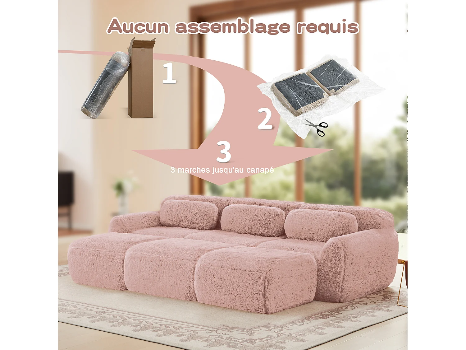 Modulaire Hoekbank in pluche stof, met 3 poefs en 3 kussens, 291x179x73cm, Roze