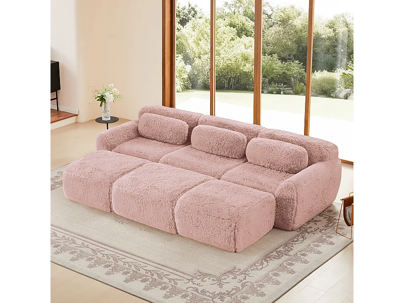 Modulaire Hoekbank in pluche stof, met 3 poefs en 3 kussens, 291x179x73cm, Roze