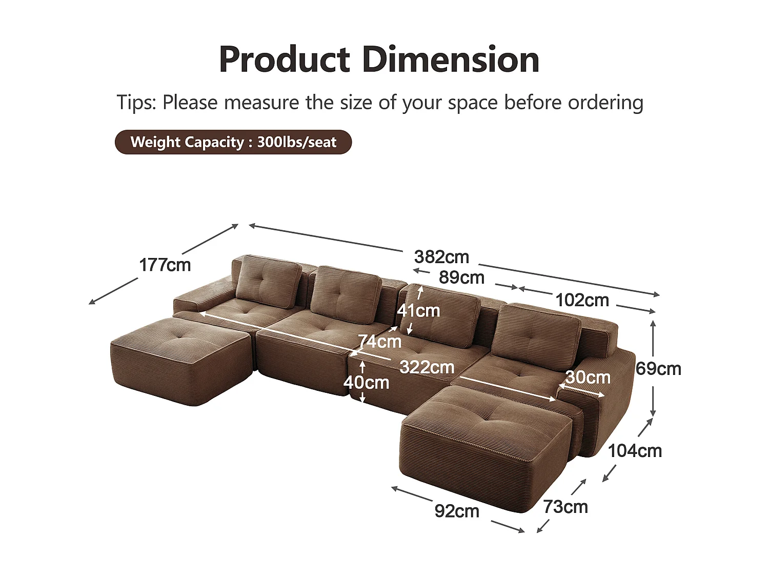 Canapé 4 places d'angle Modulable en Velours côtelé, avec 2 pouf et 4 coussins, 382x177x69cm, Marron