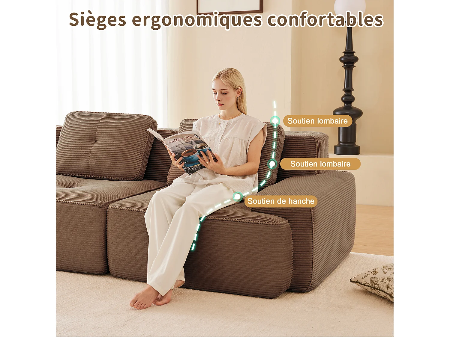 Canapé 4 places d'angle Modulable en Velours côtelé, avec 2 pouf et 4 coussins, 382x177x69cm, Marron